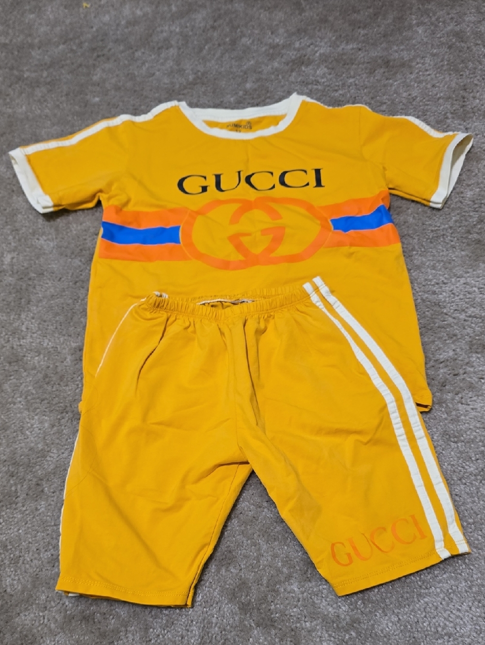Gucci Yellow Logo Tee and Shorts Set with Blue & Orange Stripe